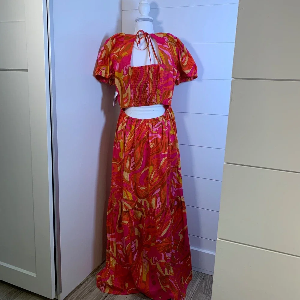 NWT 1. State Maxi Dress Cutout Back Pink Orange Retro P
Puff Sleeve Women L Boho - Picture 2 of 13